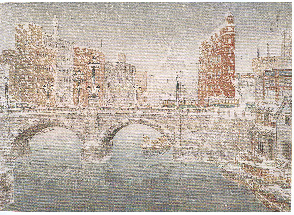 Bannai Kokan depicts the Nihonbashi Bridge in the snow. Notice the trolley cars and 1930 architecture set against the humble traditional boats in the right foreground.