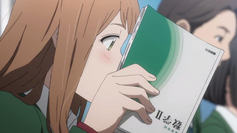 reading a book in orange anime